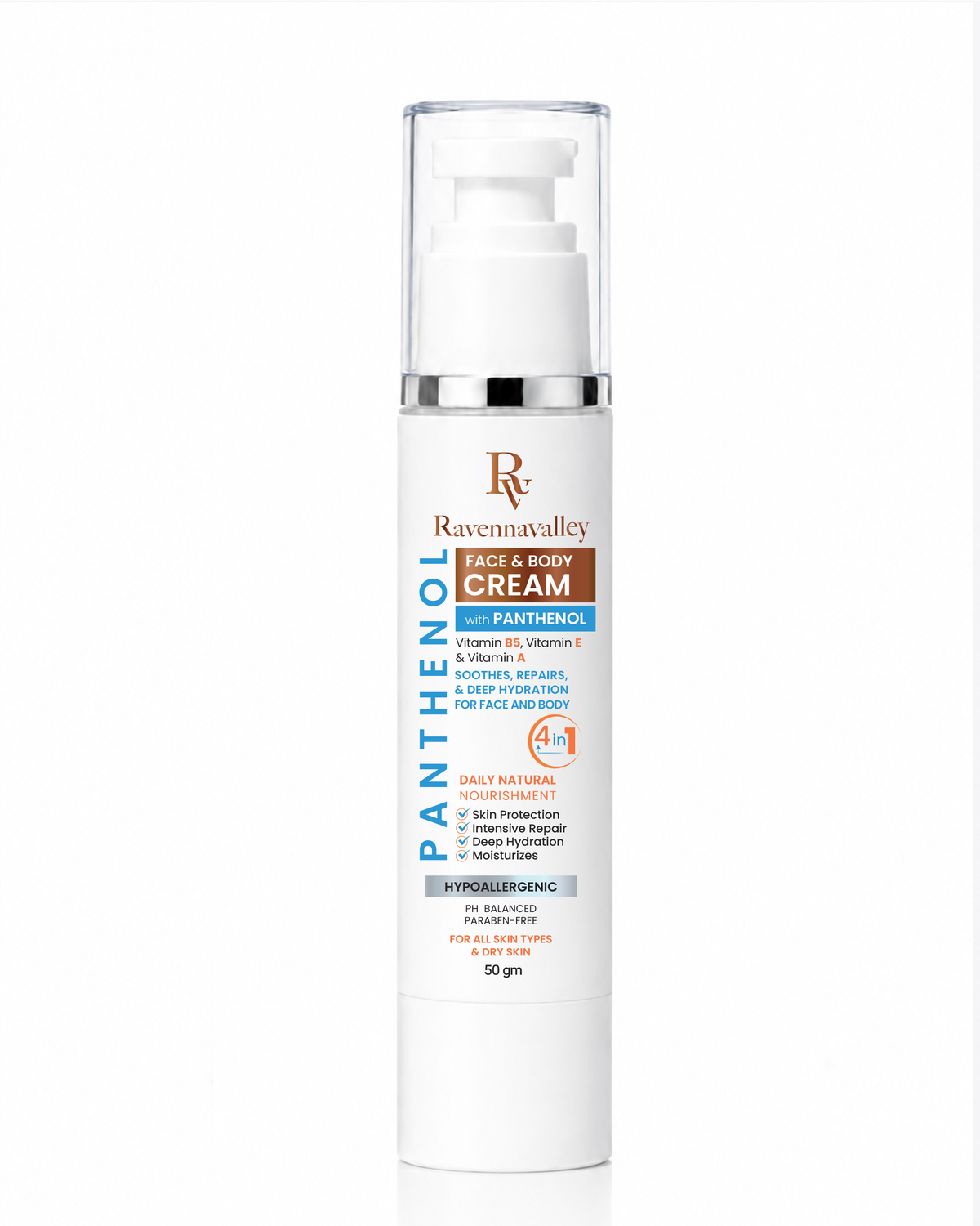Ravenna Valley Face and Body Cream with Panthenol 50g in a white pump bottle