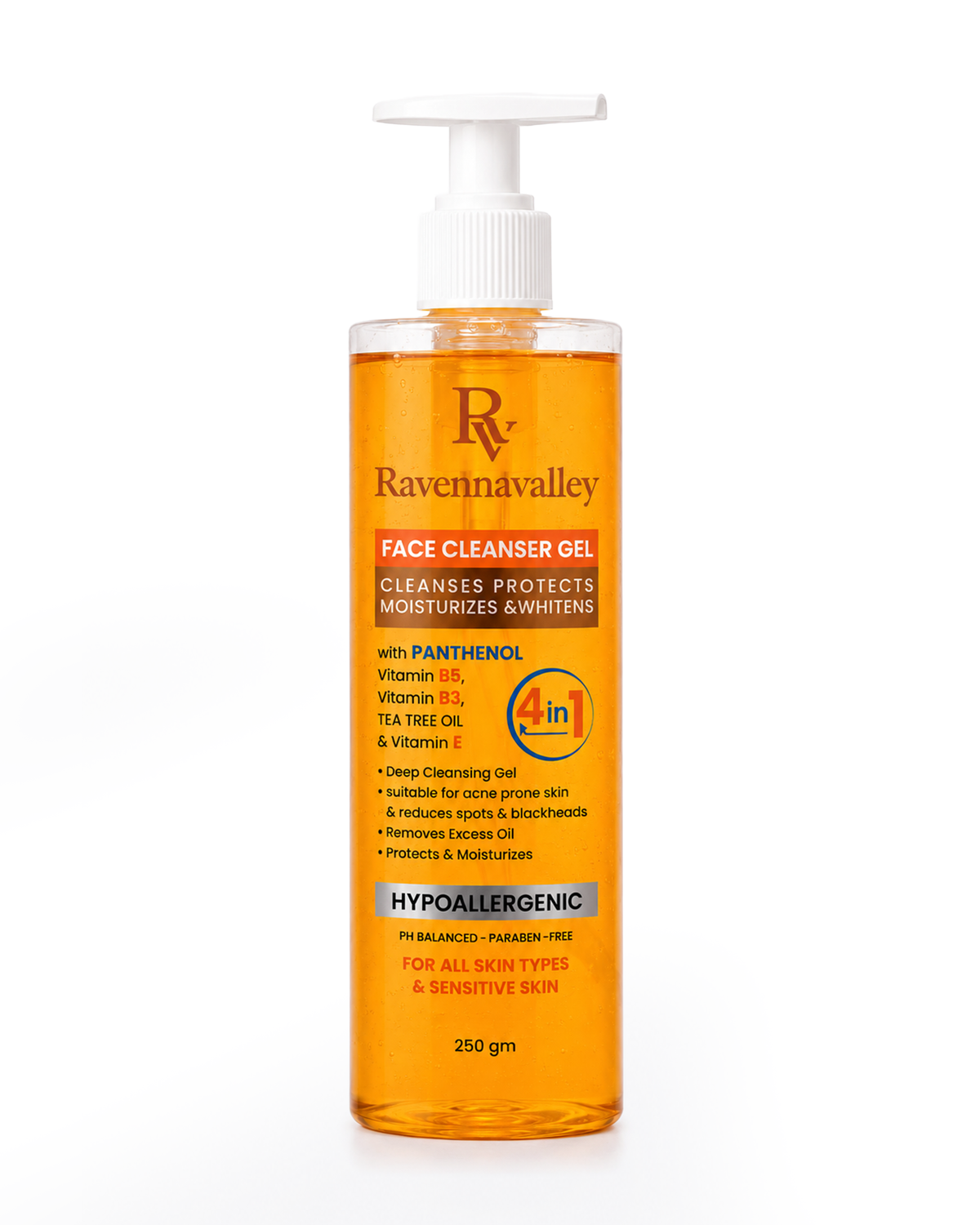 Ravenna Valley Face Cleanser Gel in a clear bottle with a white pump and orange gel