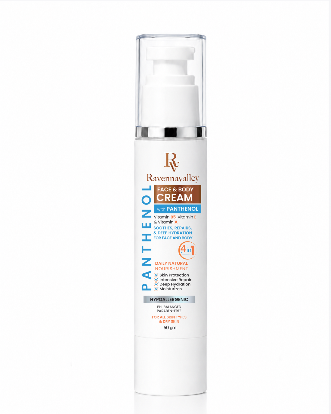 Ravenna Valley Face and Body Cream with Panthenol 50g in a white pump bottle