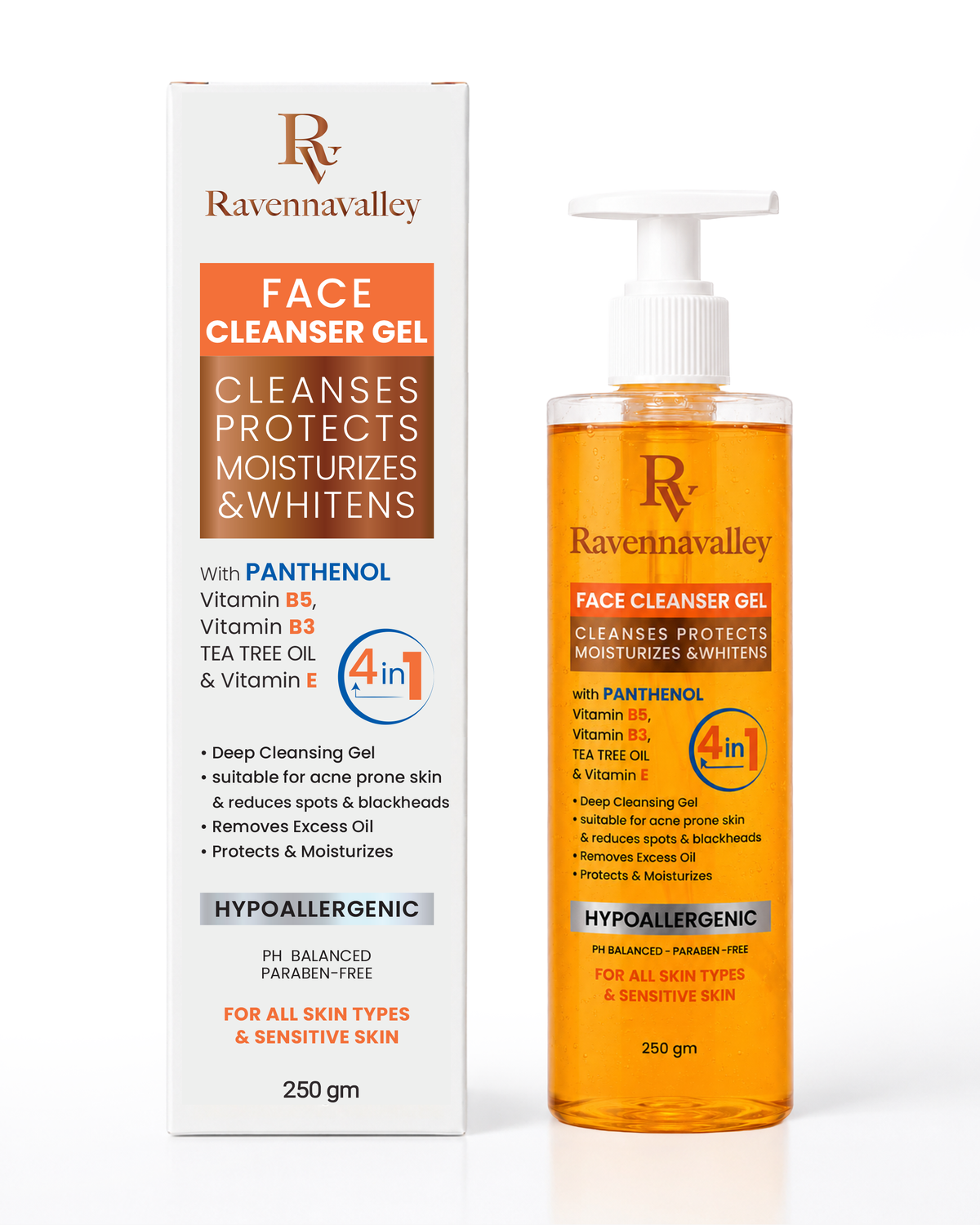 Ravenna Valley Face Cleanser Gel in a clear pump bottle with orange gel, shown with its box