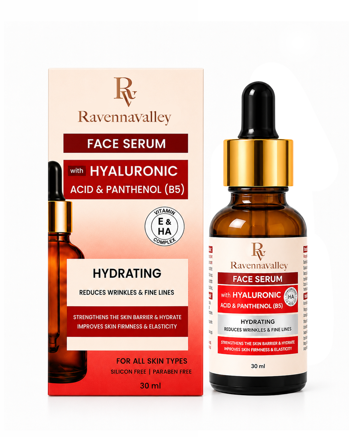 Ravenna Valley Face Serum Hyaluronic Acid dropper bottle shown with its box