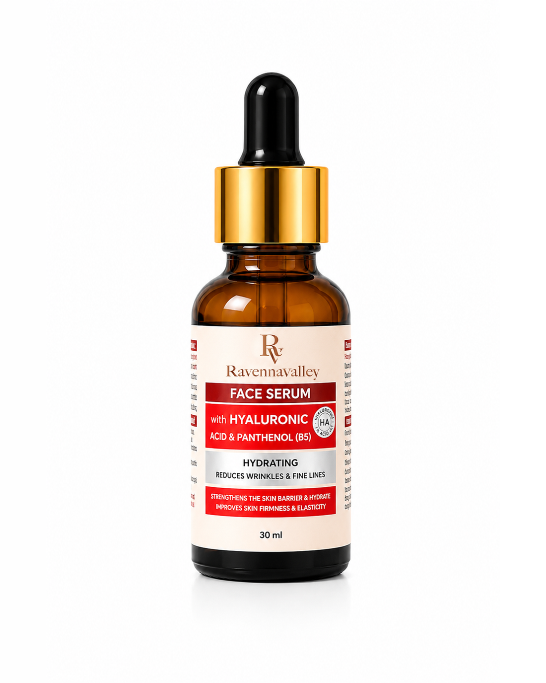 Ravenna Valley Face Serum Hyaluronic Acid in an amber glass dropper bottle