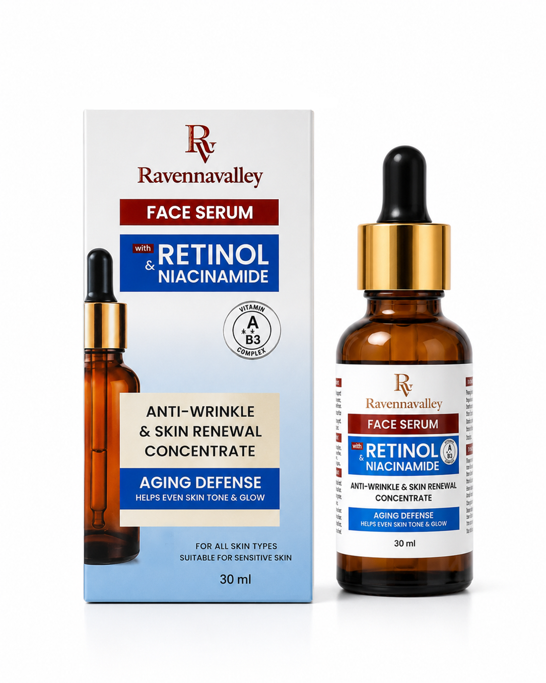 Ravenna Valley Face Serum Retinol &amp; Niacinamide 30ml dropper bottle shown with its box