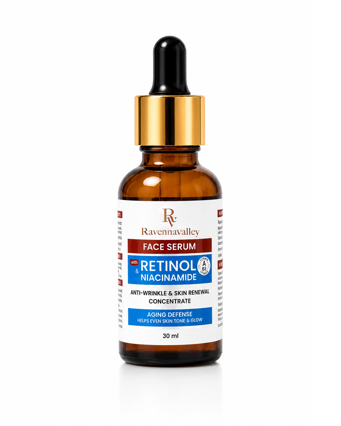 Ravenna Valley Face Serum Retinol &amp; Niacinamide 30ml in an amber glass dropper bottle