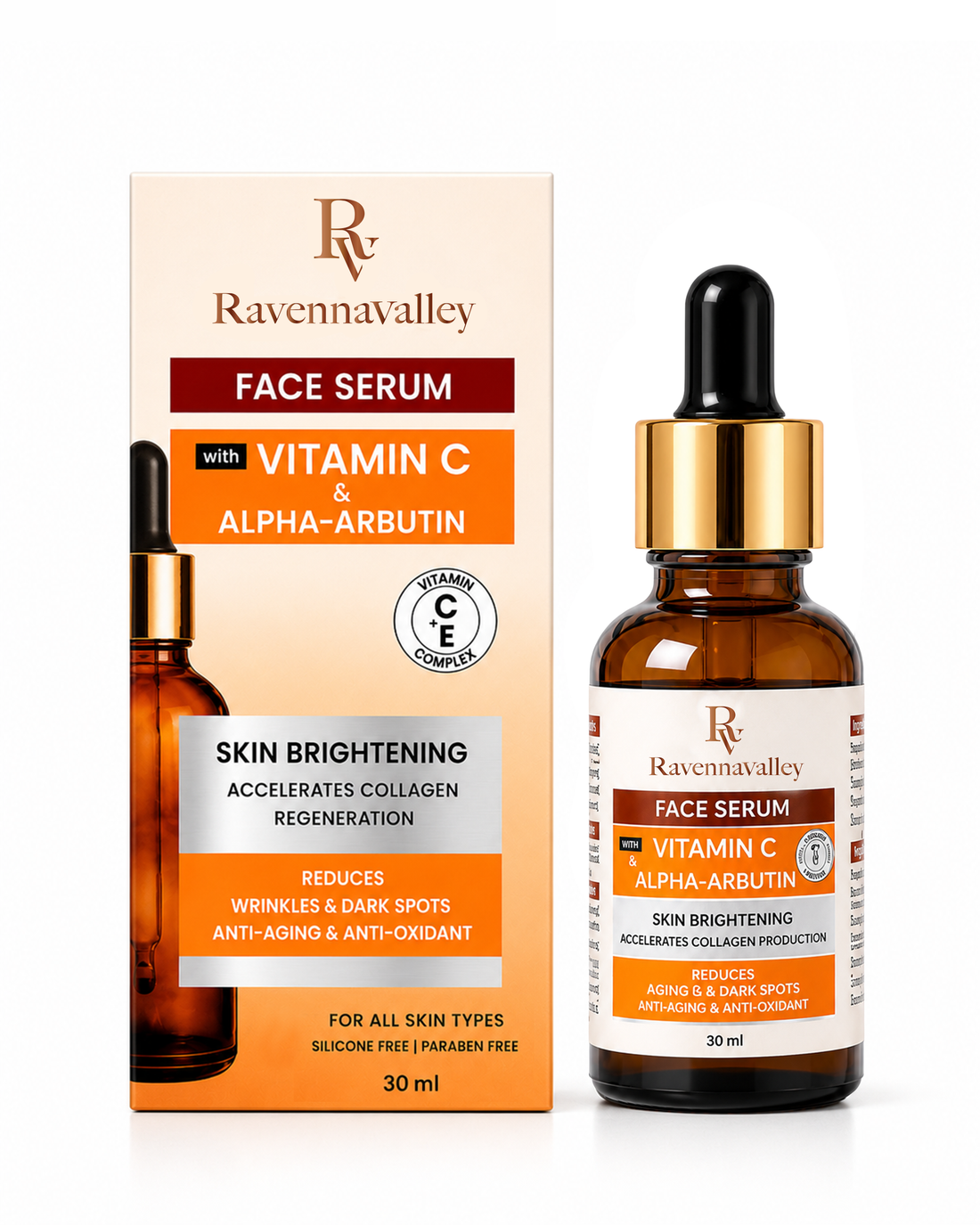 Ravenna Valley Face Serum Vitamin C &amp; Arbutin 30ml dropper bottle shown with its box