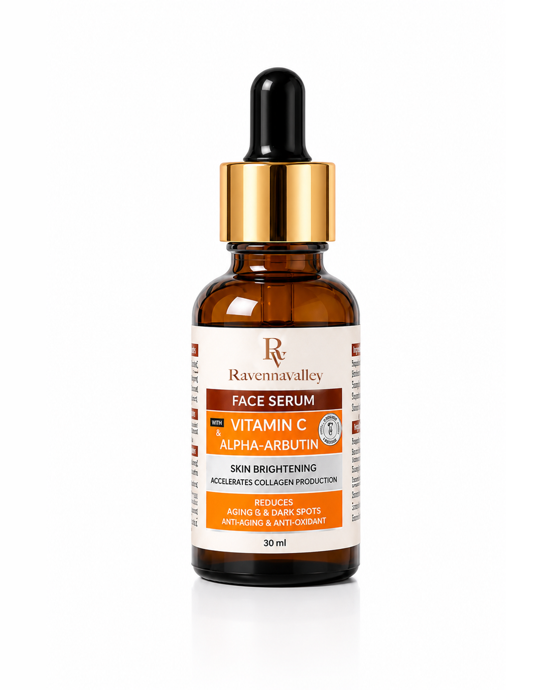 Ravenna Valley Face Serum Vitamin C &amp; Arbutin 30ml in an amber glass dropper bottle