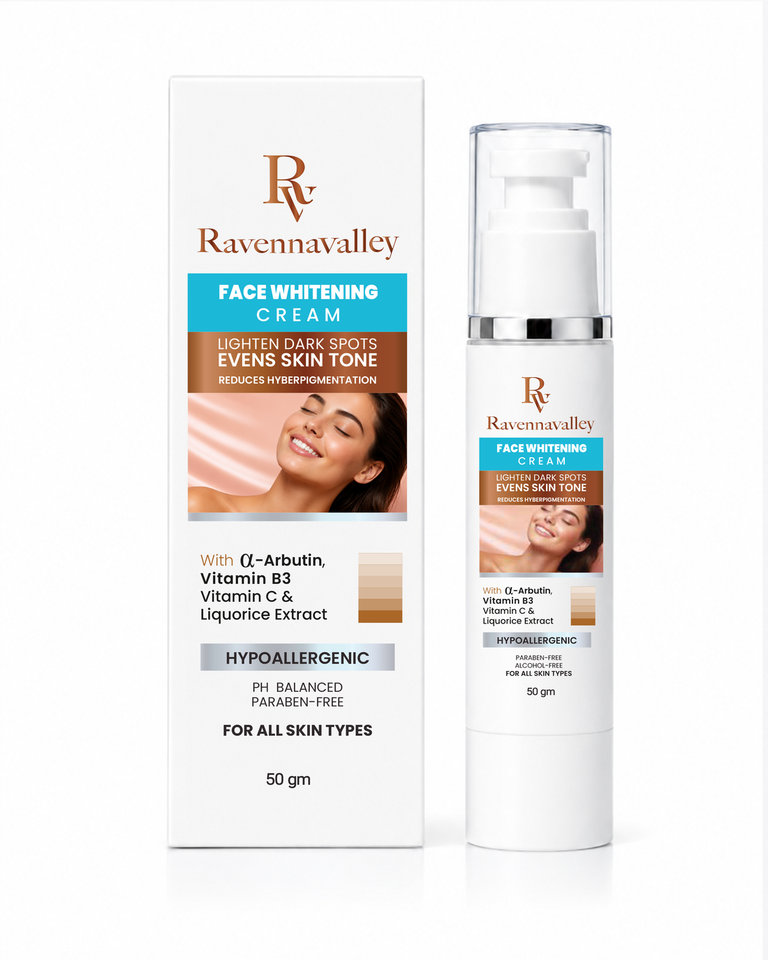 Ravenna Valley Face Whitening Cream pump bottle shown with its box