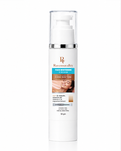 Ravenna Valley Face Whitening Cream in a white pump bottle with a clear cap