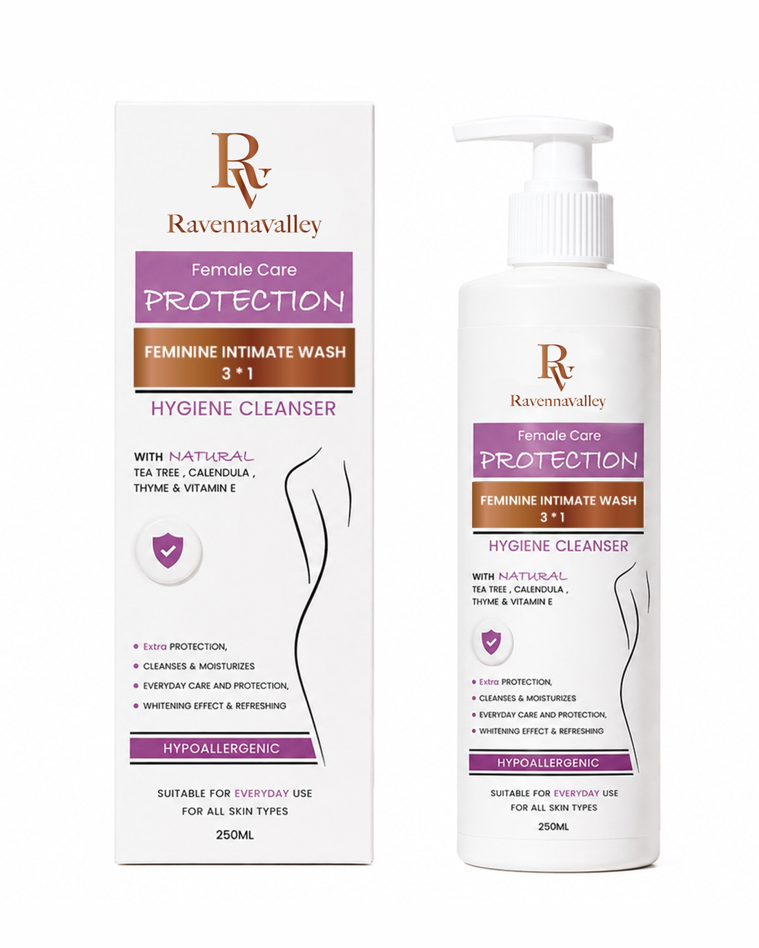 Ravenna Valley Female Care Protection intimate wash pump bottle shown with its box