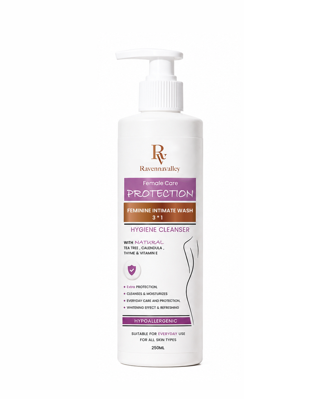 Ravenna Valley Female Care Protection intimate wash 250ml in a white pump bottle