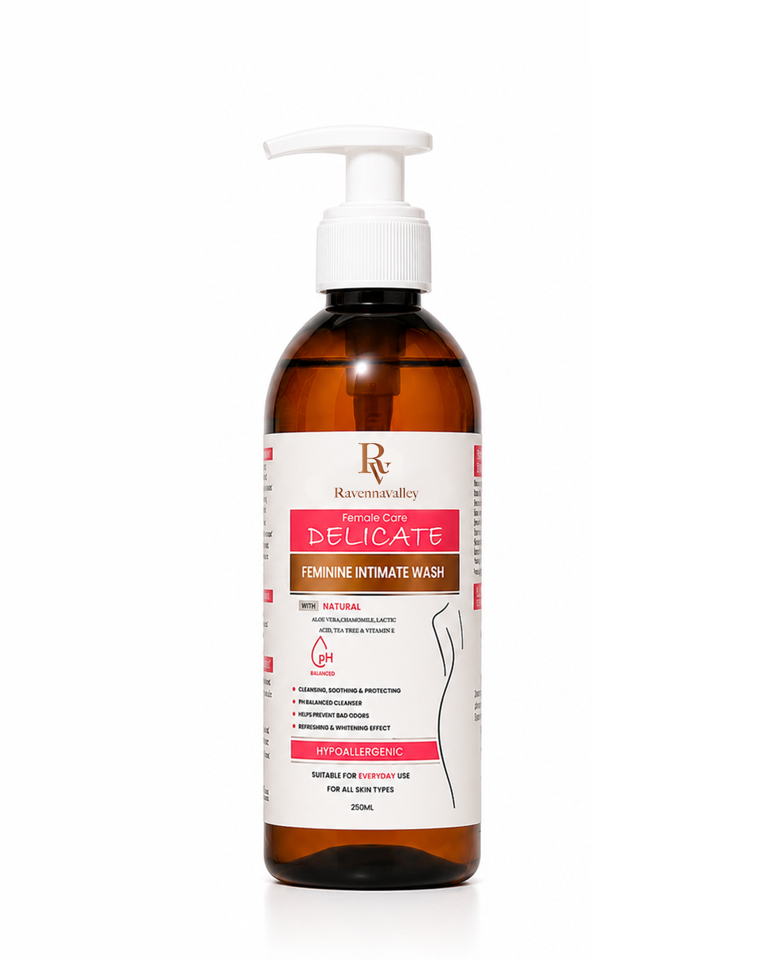 Ravenna Valley Female Cleanser Delicate intimate wash 250ml in an amber pump bottle