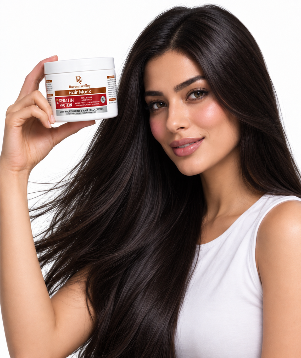 Woman with long, smooth dark hair holding Ravenna Valley Hair Mask with Keratin & Protein