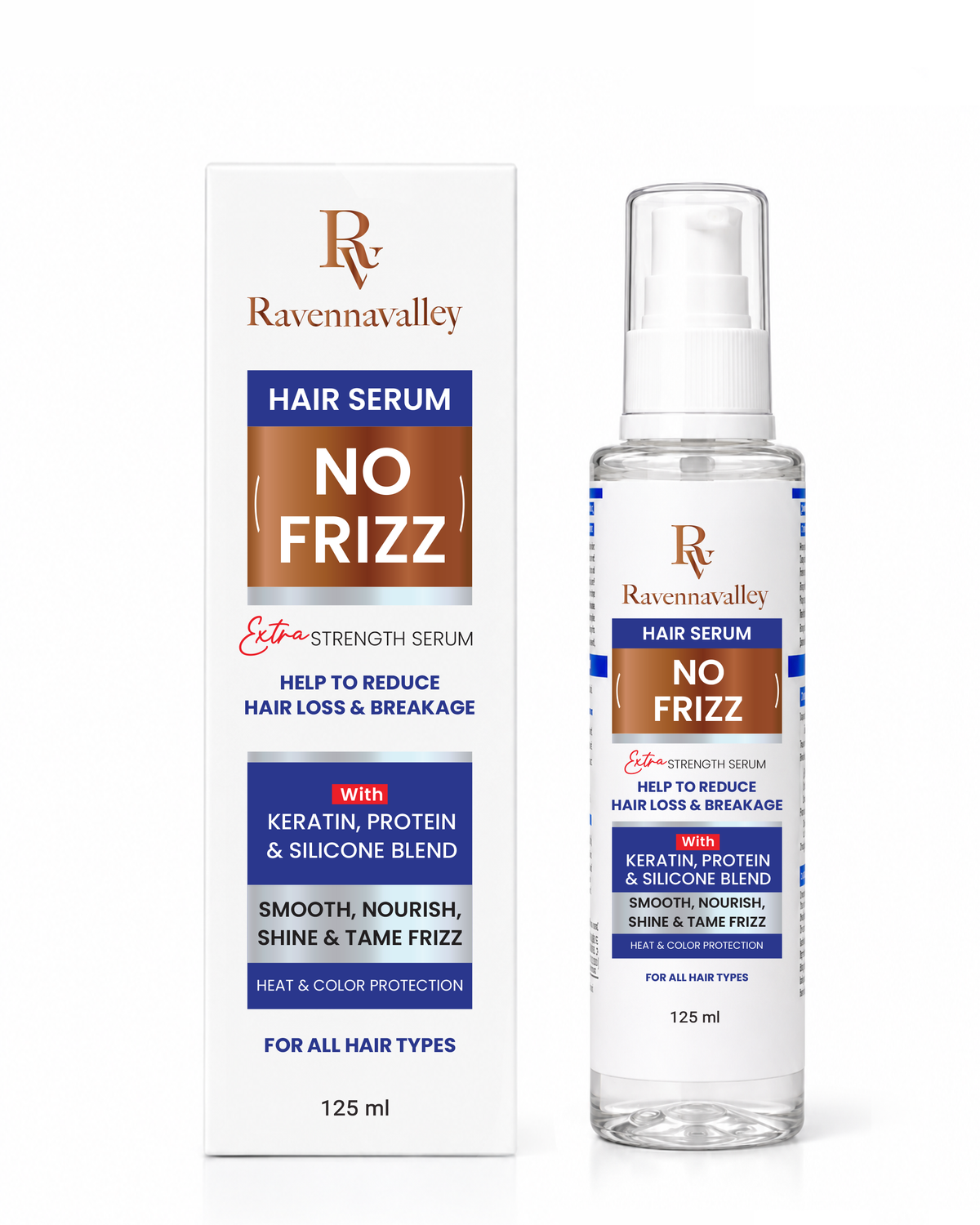 Ravenna Valley Hair Serum No Frizz 125ml bottle shown with its box